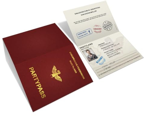 Personalisierte witzige Einladungskarten zum Geburtstag (ab 10 bis 100 Stück) als Reisepass, Klappkarte mit Foto Ausweis Pass, 300g/qm Kartonpapier DIN A6