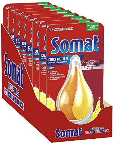 Somat Deo Perls Geschirrspüler Deo Zitrone & Orange (60 Spülgänge), Spülmaschinen Deo zur Geruchsneutralisierung für einen frischen Geschirrspüler Duft (8x17g)