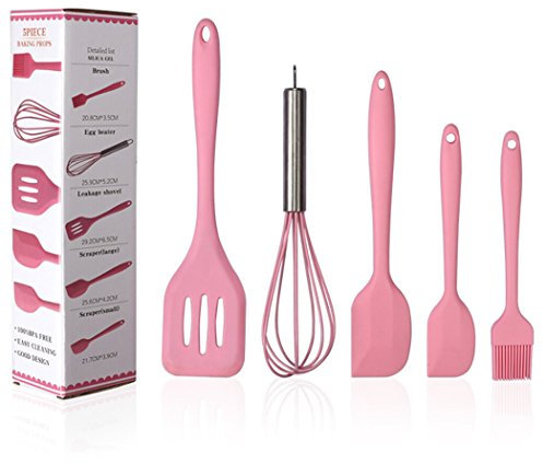 Silicone Spatulas Set-Cooking Spatula Set, Pink 5 pcs Kitchen Utensil Set-Basting Pastry Brush-Pastry Oil Brush-Egg Beater-Slotted Turner-Silicone Cooking Spatula Non-Stick,Easy to Use & Clean