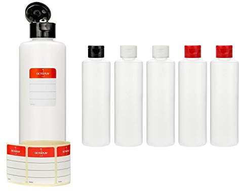 Octopus 6 Dosierflaschen à 250 ml aus HDPE mit Klappverschluss schwarz | Für Öle, Farben, Reinigungs- und Werkstattflüssigkeiten, zum sauberen Abfüllen größerer Mengen