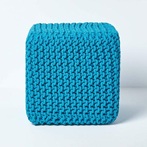 Homescapes Pouf lavorato a maglia, a cubo turchese, 35 x 35 x 35 cm, con rivestimento in 100% cotone, imbottitura in 100% polistirolo, colore: blu