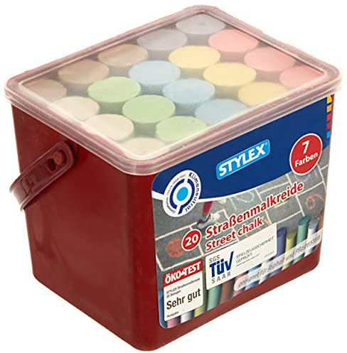Stylex 48104 - Straßenkreide im 20er Eimer, eckige Straßenmalkreide zum Bemalen von Asphalt und Pflasterstein, Sortiert in 7 Farben