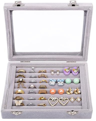 Kurtzy Jewelry Organizer Ring Aufbewahrung Schmuckkasten Grau, Samt Box mit Glas Deckel & 7 Schlitze – Schmuckaufbewahrung Schmuckschatulle Ringaufbewahrungs Box für Ringe, Ohrringe, Manschettenknöpfe