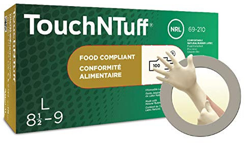 Ansell TouchNTuff 69-210 Naturgummilatex Handschuhe, Chemikalien- und Flüssigkeitsschutz, Naturfarben, Größe 7.5-8 (100 Handschuhe pro Spender)