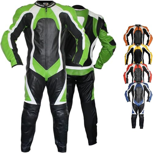 German Wear Einteiler Motorradkombi Lederkombi aus Büffelleder echtleder Kombi, 62/5XL, Farbe:Grün
