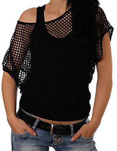 Crazy Age - Top estivo da donna, a rete, colori fluorescenti, alla moda e ideale per feste e celebrazioni Nero S-M
