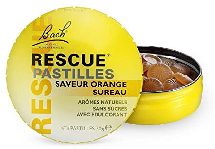 RESCUE Pastilles Orange Sureau bien-être émotionnel naturel mélange de 5 Fleurs de Bach Original idéal lors de déplacement, voyage stress du quotidien sérénité à portée de main sans sucre boîte de 50g