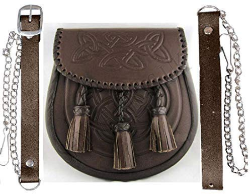 SHYNE KILTS U.K Kilt Sporran Celtic Pergamena Goffrato pelle Marrone Pizzo Intrecciato Edge Kiltwear Kilt
