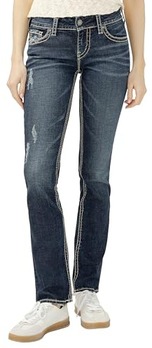 Silverjeans dam Suki Mid Rise raka ben jeans, Vintage mörk tvätt med Lurex stygn, 32W / 32L