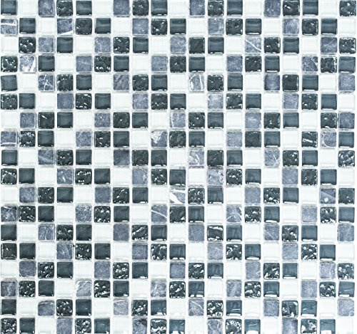 Mosaik Quadrat Crystal/Stein mix grau Glas Naturstein Fliesenspiegel, Mosaikstein Format: 15x15x8 mm, Mattengröße: 322x305 mm, 10 Mosaikmatten