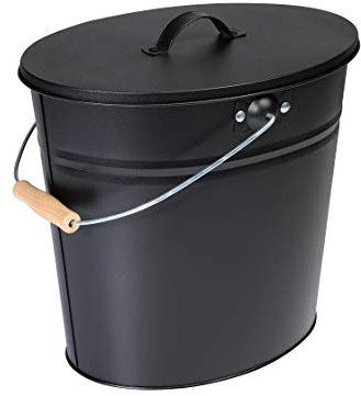 Kamino-Flam Contenitore per Carbone in Metallo Zincato con Coperchio e Manico Rivestito in Legno - Secchio Ovale per Cenere Camino - Nero - Capienza 24 Litri
