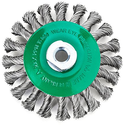 Zopf-Kegelbürste zur Schweißnahtbearbeitung, zum Entfernen von Zunder, Rost, Lack, Schlacken | Bürste mit M14 Gewinde und 100 x 12 mm Durchmesser | Borsten aus Stahldraht rostfrei, glatt, 0,50 mm