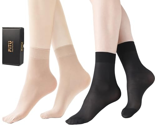 FITU Socks, Nylon Sheer Ankle High Tights Hosiery for Women, 10 Pairs (One Size, 5 Beige 5 Black-50d Thickness)