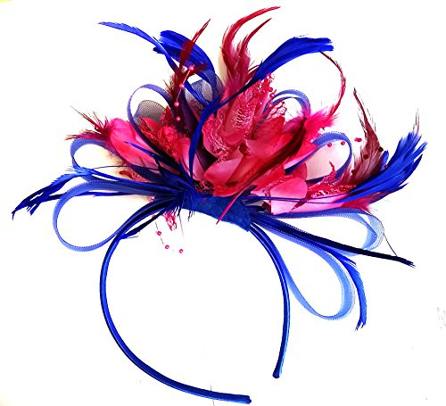 Fascinator für Damen mit Federn, Königsblau und Fuchsia, Hot Pink