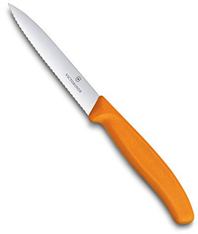 Victorinox, 6.7736.L9, Swiss Classic, Gemüsemesser, Extra scharfe Klinge, mit Wellenschliff, robuster Kunststoff-Griff, Orange, Made in Switzerland, Spülmaschinengeeignet