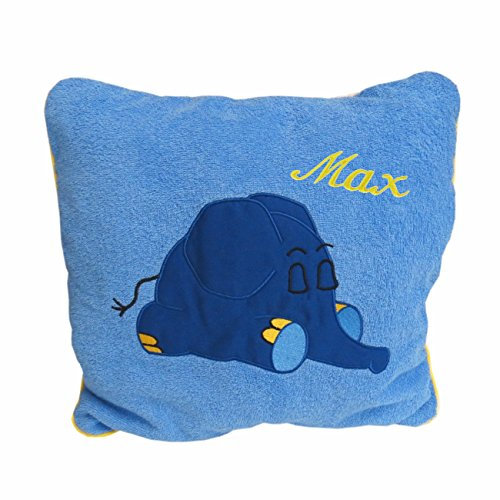 Smithy Kuschelkissen mit Ihrem Wunsch Namen in der abgebildeten Stickschrift Bestickt 40 cm x 40 cm inklusive Füllung Elefant blau Namenskissen