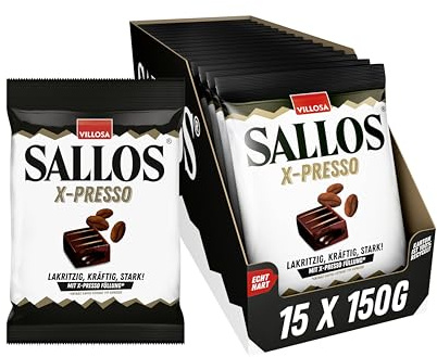 SALLOS X-presso Vorrats-Pack – Lakritz-Bonbons mit Kaffee-Extrakt, aus natürlichem Süßholzsaft, Lakritz-Kombination mit Espresso-Geschmack, vegan, im Vorrats-Pack, 15 x 135 g