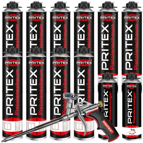 PRITEX Bauschaum Set, 10x 750ml Pistolenschaum, 2x Reiniger, Pistole