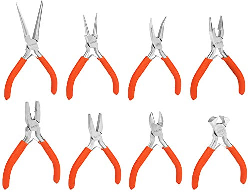 Kurtzy Mini Jewellery Plier Tool Kit Set with Soft Grip Handles (8 Pack) - Precision Wire Cutters, Needle, Round & Bent Nose Pliers - Tools for Making Crafts, Beading, Electrical & Electronics
