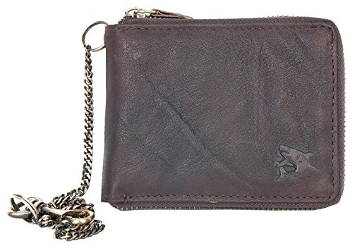 FLW Cerniera portafoglio biker marrone in vera pelle naturale resistente con squalo con catena in metallo