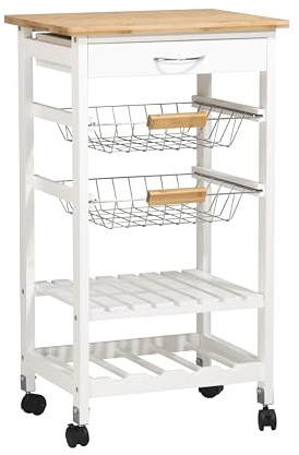 spot on dealz® 5 Tier Kitchen Trolley Mobile Rolling Kitchen Island For Home 1 Drawer, Metal Baskets, Storage Shelf, Wine Rack, Fruit & Veg Storage Bamboo Top Oak Colour With White MDF Frame