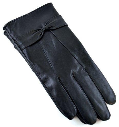 RJM Ladies Lined Black Sheepskin Leather Gloves With Bow Size S/M