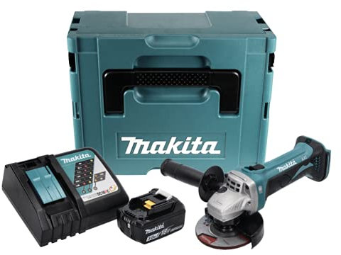 Makita DGA 452 RF1J 18 V 115 mm smerigliatrice angolare a batteria in valigetta con BL 1830 batteria + DC18RC caricabatterie