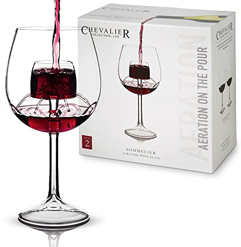 Sommelier Aerating Wine Glasses (Set of 2) by Chevalier Collection - Handblown Wine Glasses with Patented Built-In Aerator - Gift Packaging