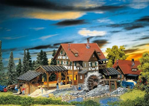 FALLER Sägemühle Modellbausatz mit 569 Einzelteilen 345 x 200 x 145 mm I Modelleisenbahn Zubehör H0 I Modelleisenbahn H0 Sägemühle mit Wasserrad