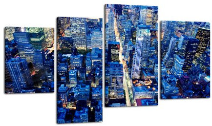 wandmotiv24 Leinwandbild Manhattan LW267 Wandbild, Bild auf Leinwand, 4 Teile, 180x115cm, Kunstdruck Canvas, XXL Bilder, Keilrahmenbild, fertig aufgespannt, Bild, Holzrahmen, New York, Nacht, Skyline