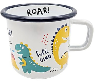 Emaille Tasse Dino, Becher, Kinder Henkelbecher, kleine Retro Kaffeetasse, Bunt cm