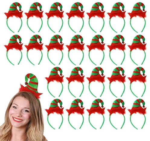 Mini Elf Hat - Adults Green and Red Striped Elf Hat on a Headband With a Jingle Bell Attached - Santa's Little Helper Christmas Fancy Dress Costume Accessory Hat
