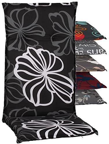 Beo Gartenstuhlauflagen Saumauflage für Hochlehner, Circa 118 x 48 x 6 cm, schwarz mit weißen Blüten