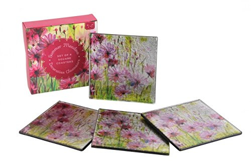 CGB Giftware | Set of 4 Glass Floral Coasters in Gift Box | Table Top | Barware | Tea Coffee Wine | Summer Meadow Range | HD525