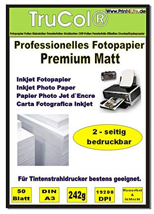 Beidseitig 50 Blatt DIN A3 242g /m² Premium MATT Fotopapier matt - sofort trocken - wasserfest - hochweiß - sehr hohe Farbbrillianz für Tintenstrahldrucker Flyerpapier Broschüren Vorlagen