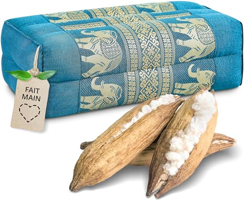 livasia coussin yoga carré bloc soie thaï - 17x34x12cm - Coussin de méditation kapok, Coussin de soutien rectangulaire, Accessoire yoga pilates coussin cale-nuque, fait main (Bleu Ciel/Éléphants Soie)