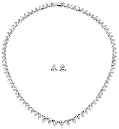 Bling Jewelry Classico Tradizionale Set Di Gioielli Per Spose Con Collana A Goccia Graduata E Orecchini A Bottone Con Zirconi Aa, Perfetto Per Matrimoni E Promozioni, Placcato In Argento.