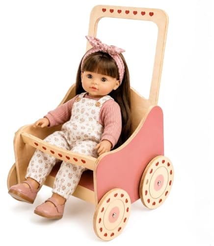 Dida - Puppenwagen Natur aus Holz, Großer Puppenwagen für Puppen bis zu 50 cm, Rollenspielzeug für Kinder von 2 bis 4 Jahren, Ideal für die Kreative Entwicklung