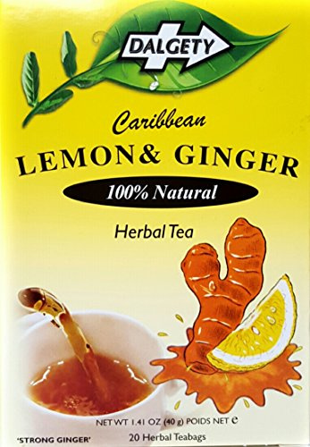 DALGETY LEMON GINGER HERBAL TEA. REAL CARIBBEAN TEA. 20 TEABAGS PER CARTON. THIS TEA is RICH in GINGER with a TWINKLE LEMON KICK-BACK. TRADITIONALLY KNOWN to BE EFFECTIVE AGAINST SYMPTOMS of COUGHS, COLDS and INFLUENZA. MEDIUM STRENGTH HERBAL TEA with ALL NATURAL INGREDIENTS. PRODUCT of the UK.