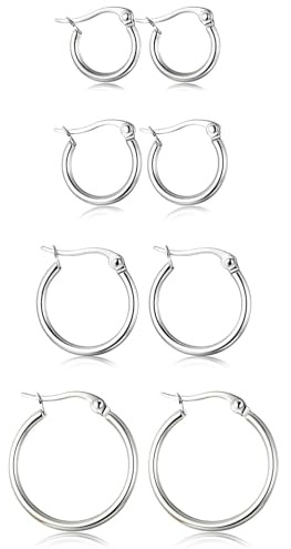 ORAZIO 4 Pairs Stainless Steel Hoop Earrings Set Cute Huggie Earrings for Women,Silver-Tone,10MM-20MM