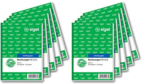 SIGEL RE625/10 Rechnungen A6, 2x50 Blatt, 10er Pack, mit Blaupapier und Abheftlochung, Rechnungsblock