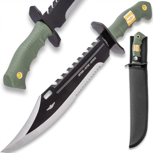 UNITED CUTLERY USMC Anything, Anytime, Anywhere Giant Bowie Knife and Sheath - Anodized Stainless Steel Blade, Over-Molded Rubber Handle, Large Metal Handguard, For All Cutting Jobs - Length 16 3/8