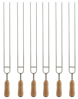 IMEEA Spiedini per barbecue, 38,8 cm, in acciaio inox, doppia punta con manico in legno, per barbecue, campeggio, giardino (6 pezzi)