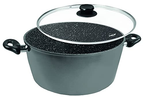 STONELINE XXXL Aluguss Kochtopf 32 cm, Großer Topf mit Deckel 10,6 L, Antihaft beschichtet mit echten Steinpartikeln, Kochtopf Induktion 32 cm, alle Herdarten, Backofen, Kochen ohne Fett oder Öl, Grau
