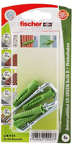 Fischer Universaldübel UX Green 6x35 R WH K mit Rand, 4 x Winkelhaken 4,5 x 53, 524802