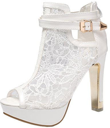 getmorebeauty Women's White Pretty Lace Flowers Open Toes High Heels Ankle Boots 7US