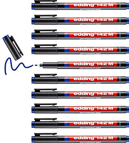edding 142 M Feutre permanent - bleu - 10 stylos - pointe ronde 1 mm - stylo pour écrire sur du verre, du plastique, des films et surfaces lisses -, à séchage rapide, résistant aux taches et étanche