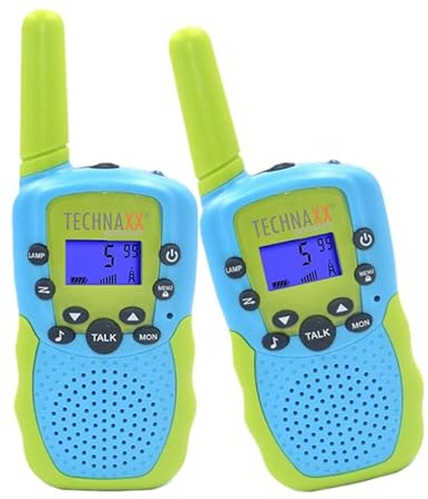 Technaxx Talkie-Walkie Enfant – Lot de 2 Appareils avec Portée Jusqu’à 3 km – 8 Canaux – Écran LCD Rétroéclairé – Lampe Torche Intégrée pour Garçon et Fille dès 3 Ans - TX-347