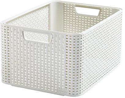 Curver Panière de Rangement 30L en avec Un Design Rotin Tressé pour Salle de Bain, Chambre, Bureau - Poignées Ergonomiques - Ivoire