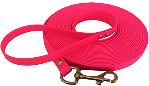 Schleppleine 9mm aus Beta BioThane® 20 Meter lang in Neonpink mit Handschlaufe und Messingkarabiner